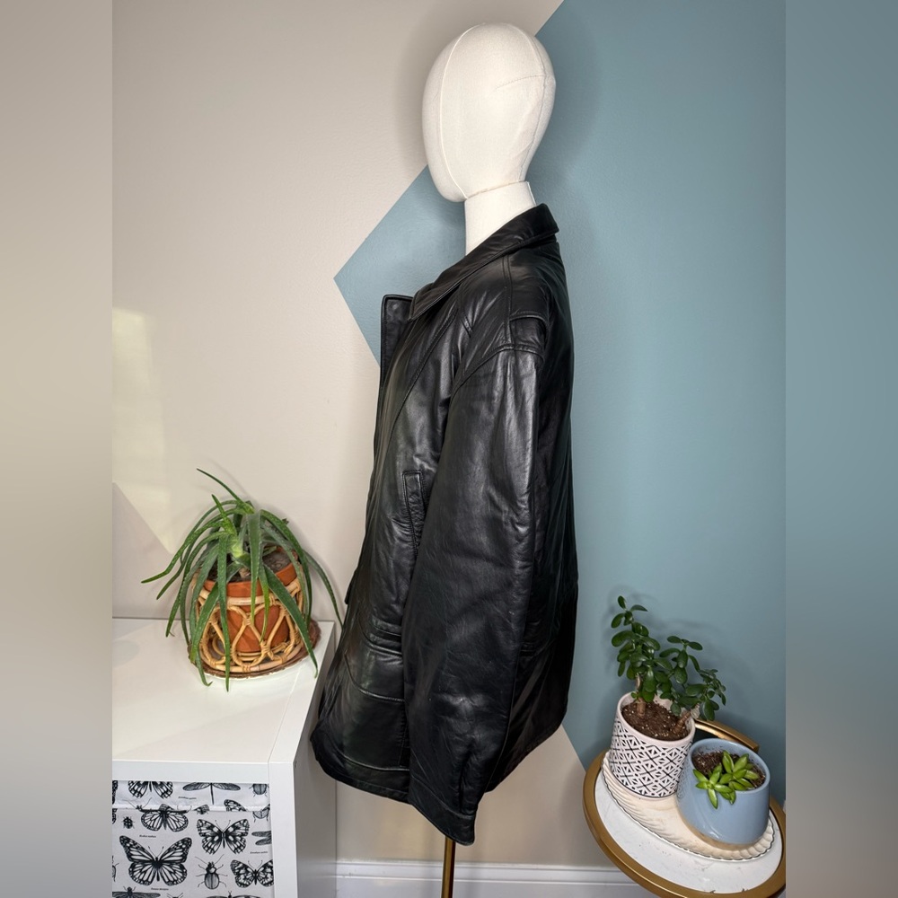 90s Minimalist Black Leather Field Jacket London Fog Utility Coat Lined S - Picture 6 of 15